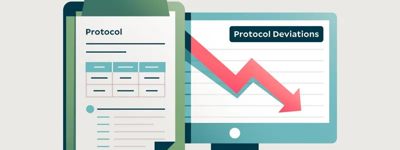 Illustration of a clipboard with a protocol on it in front of a screen displaying a chart showing a decrease in protocol deviations