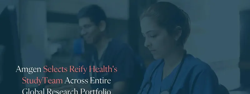 Text on top of an image of health workers working at a computer