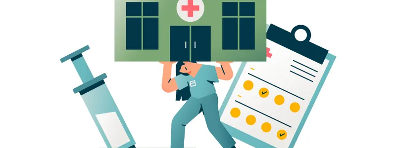 Illustration of a staff member holding up a building