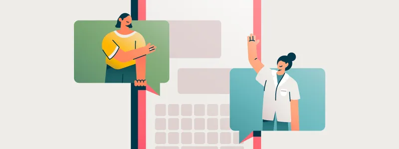 Illustration of people in chat bubbles in front of a phone waving at one another