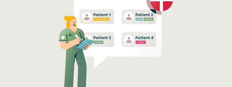 Illustration of a woman looking at patient data labelled with the Denmark flag