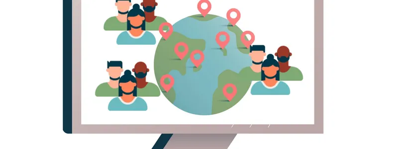 Image on a computer screen of people and a globe with sites labeled