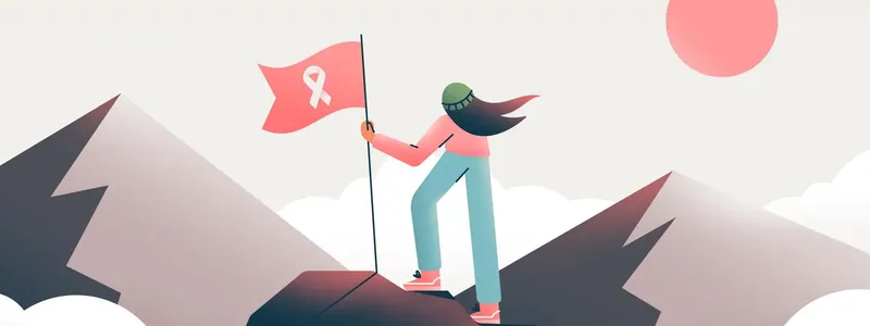 Illustration of a woman at the peak of a mountain with a flag with the breast cancer ribbon on it