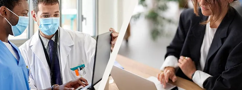 Split image with two doctors in masks on one side and a woman on the other indicating communication over a distance